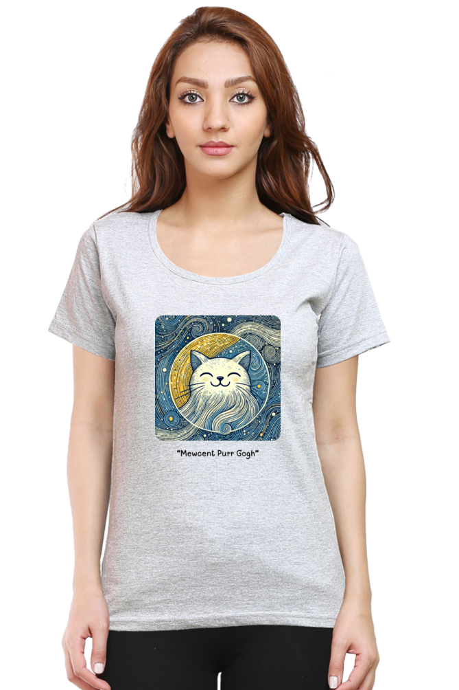 Mewcent Purr Gogh: Women's T-shirt Women's T-shirt Round Neck Mango Kulfi Grey Melange XS