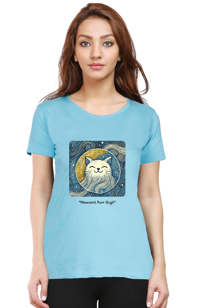 Mewcent Purr Gogh: Women's T-shirt Women's T-shirt Round Neck Mango Kulfi SkyBlue XS